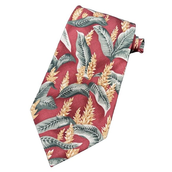 TOMMY BAHAMA Tie Men's 100% Silk Yellow Red Green Floral Trees Leaves Hand Made - Picture 1 of 9